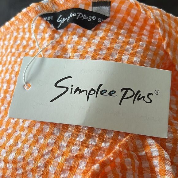 Simplee Plus orang/white seersucker gingham asymmetrical neck tiered ruffle midi - Picture 12 of 12